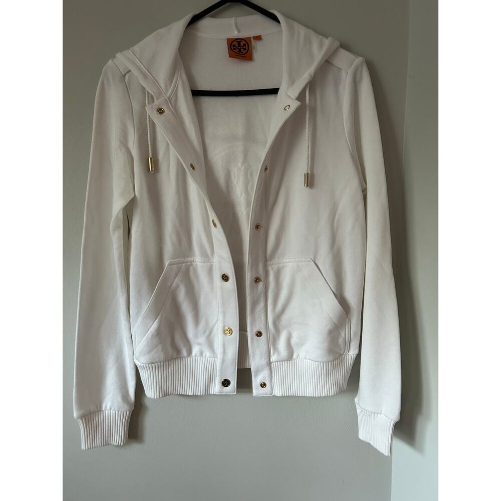 Tori Burch White Long Sleeve Hoodie XS Logo on Gold-Tone Buttons